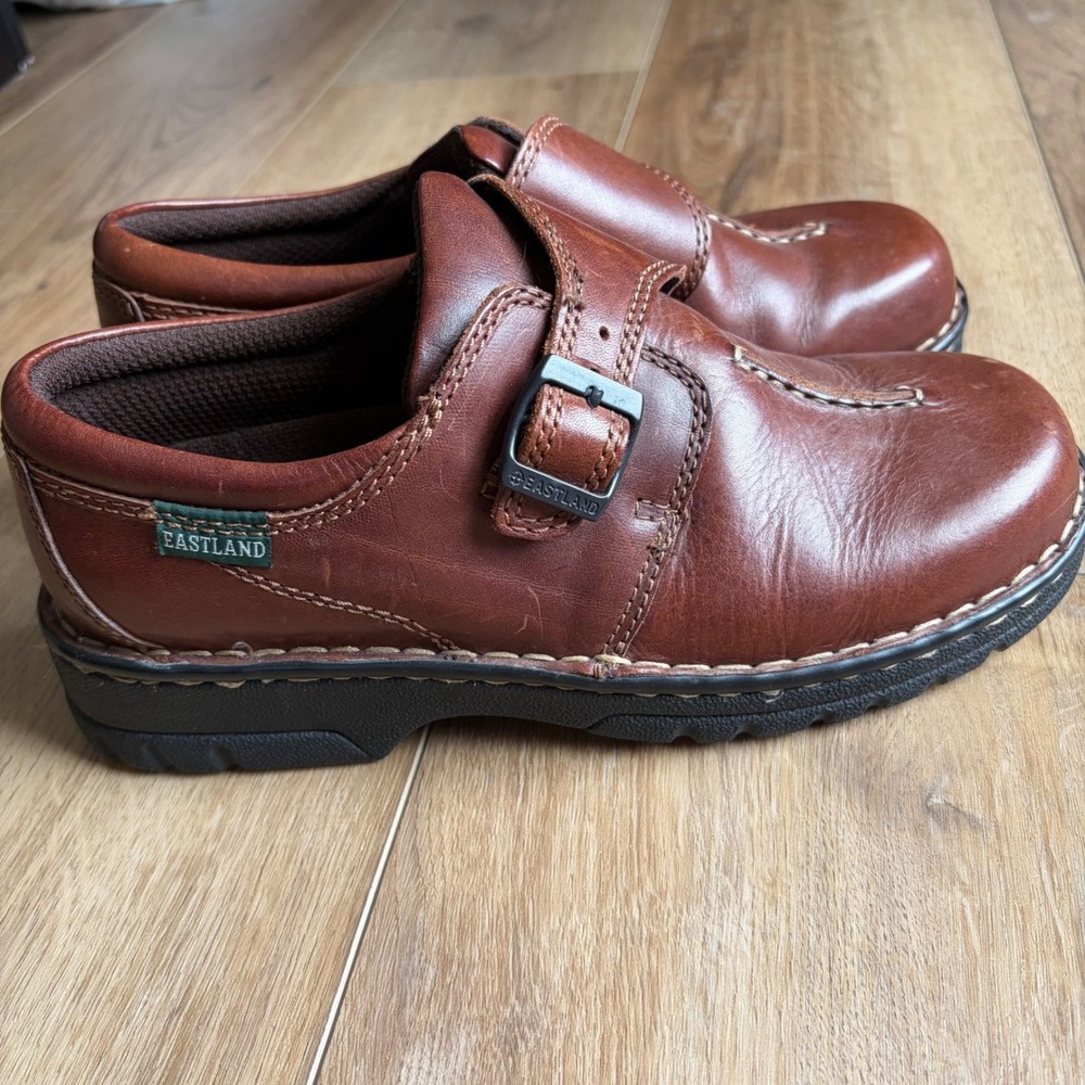 Eastland Sz 8.5 Brown Leather Monk Strap Loafers Y2K Center Seam Lug Sole Shoes - Picture 4 of 7